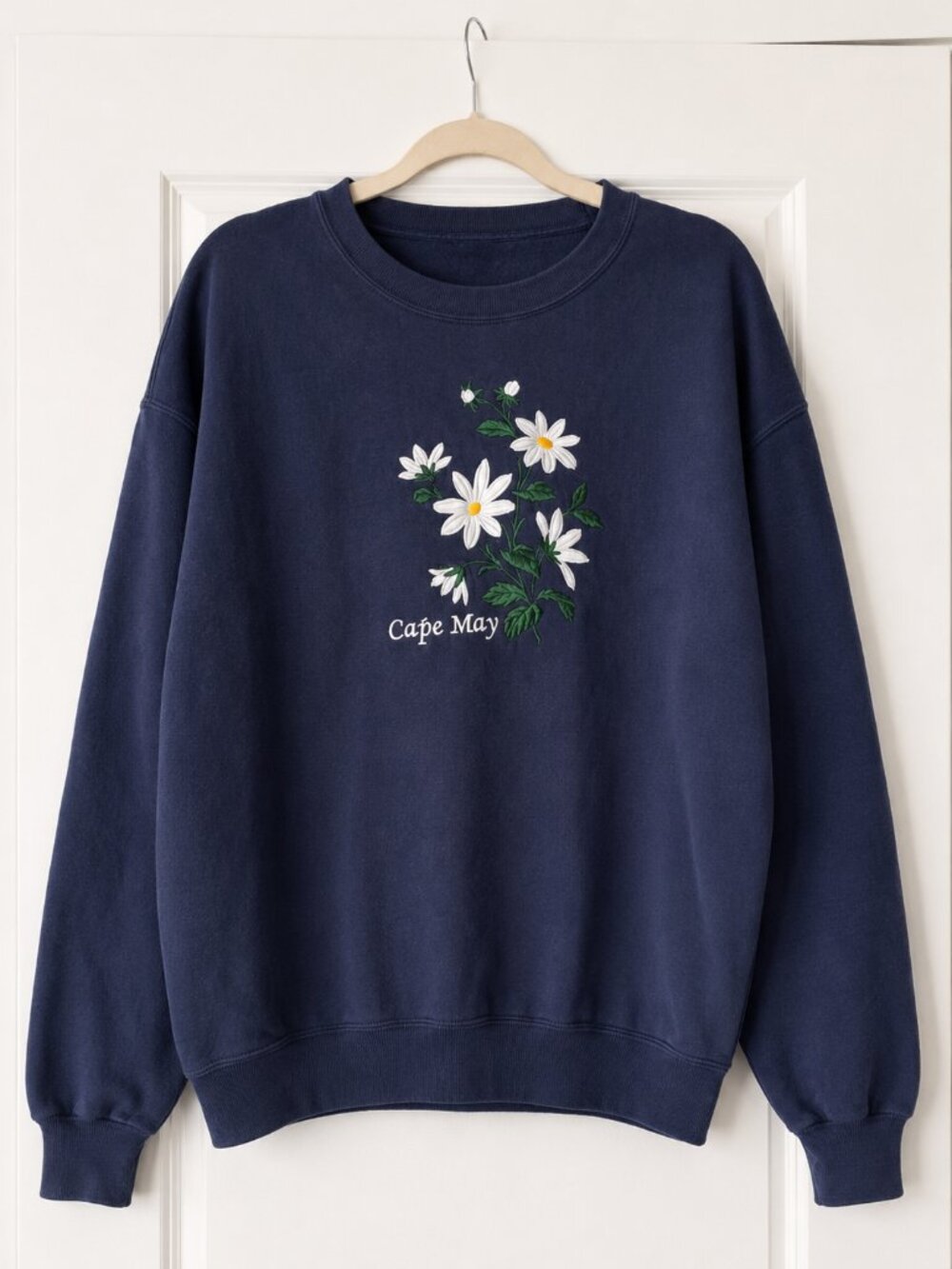 Vintage 90s Cape May NJ Sweatshirt Navy Embroidered Daisy Coastal Crewneck